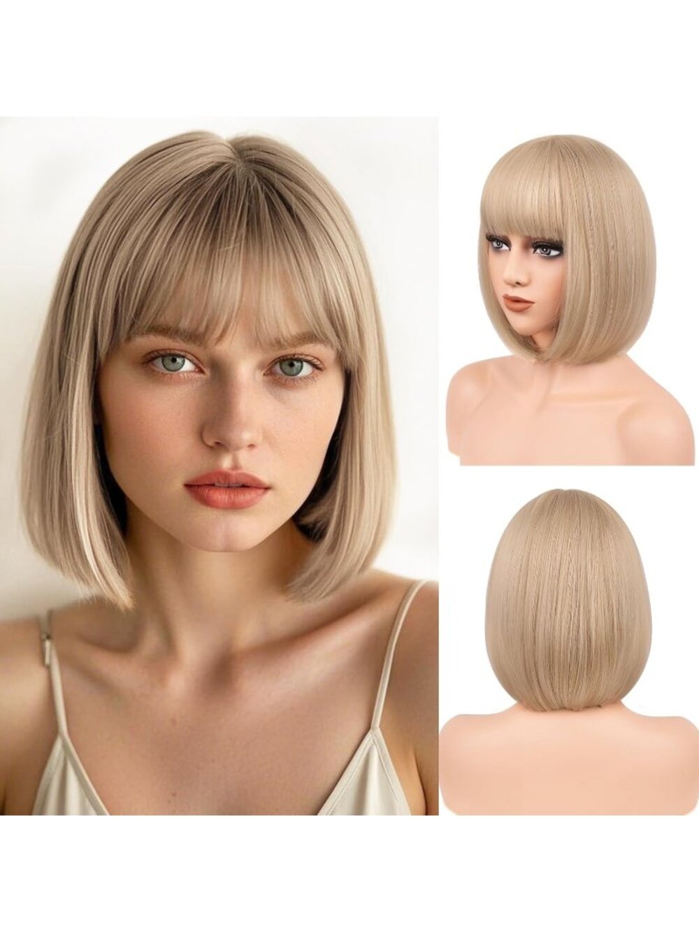 Women light Brown Heat Resistant Synthetic Bob Party Neon Wig Bangs 12 Inch